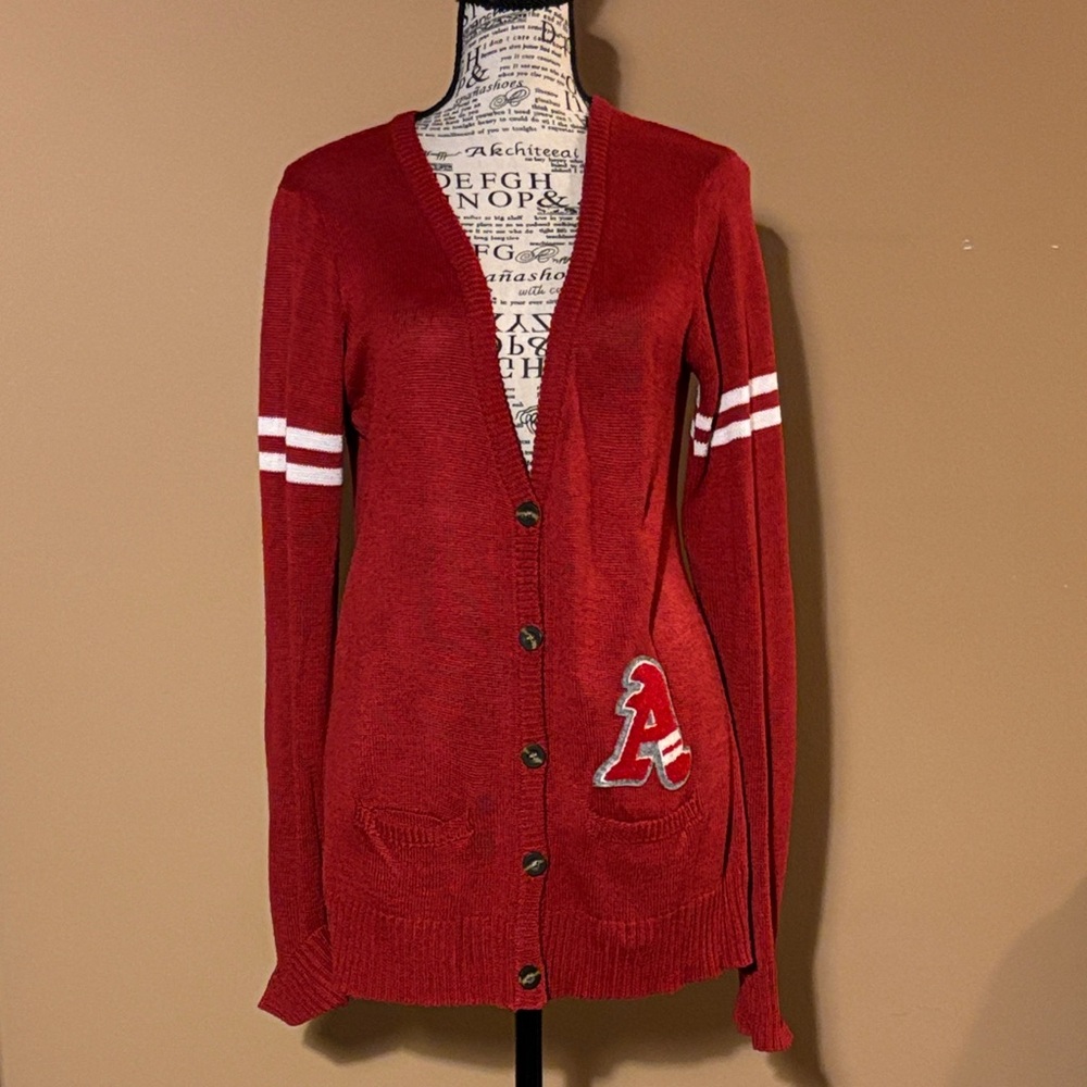 Papaya Red Button-Up Cardigan with White Stripes